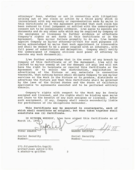Tupac Shakur and Warren G Dual Signed Columbia Pictures Contract for "Poetic Justice" Motion Picture (JSA & Affidavit)